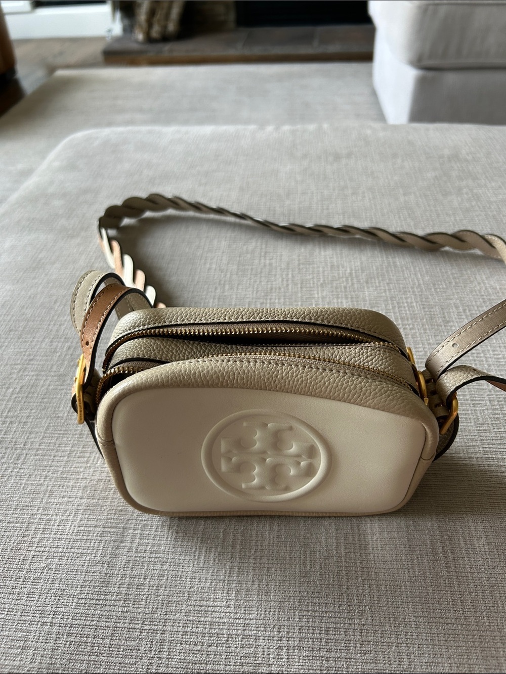 Tory Burch Beige Cream Leather Double-Zip Crossbody